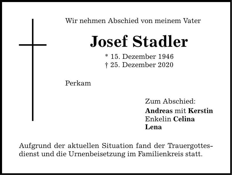 Traueranzeige Josef Stadler