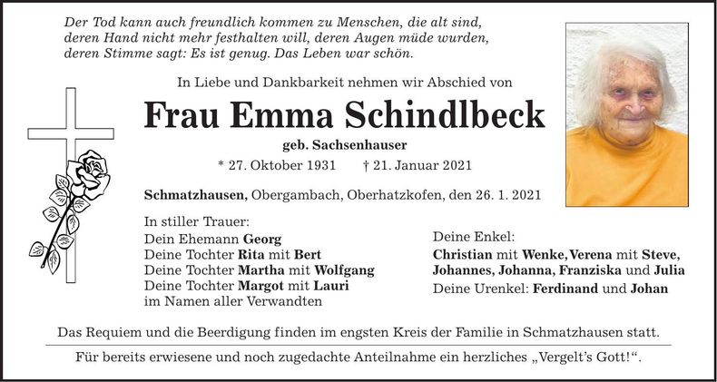 Traueranzeige Emma Schindlbeck