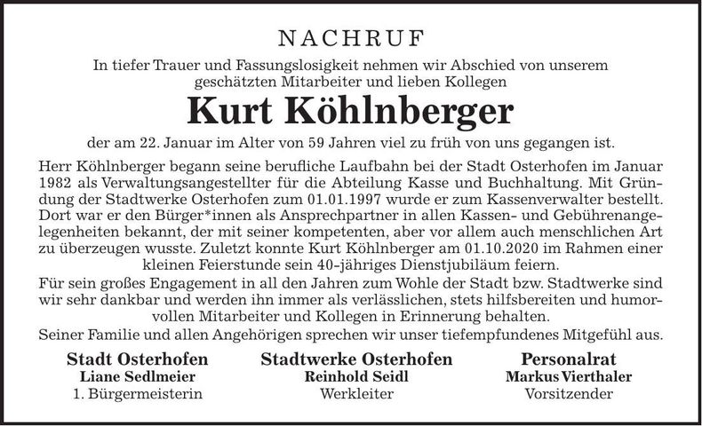 Traueranzeige Kurt Köhlnberger