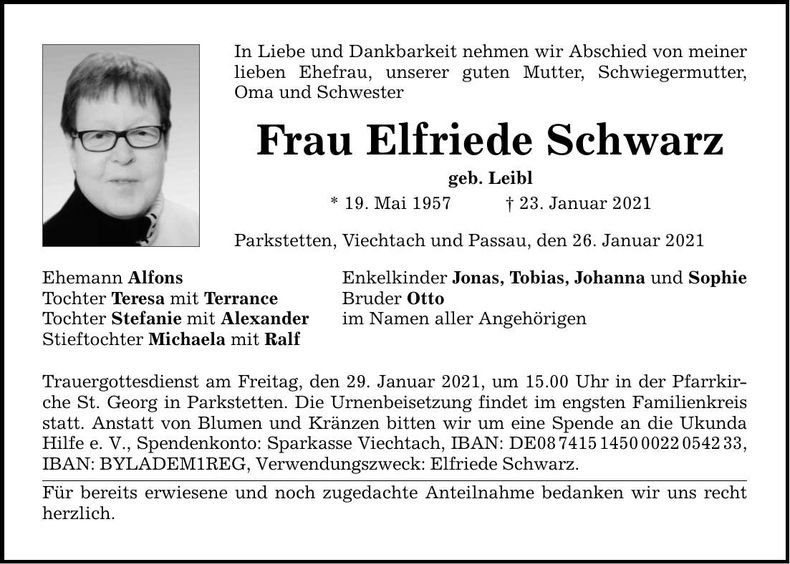 Traueranzeige Elfriede Schwarz