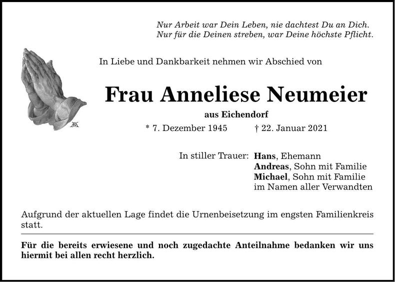 Traueranzeige Anneliese Neumeier
