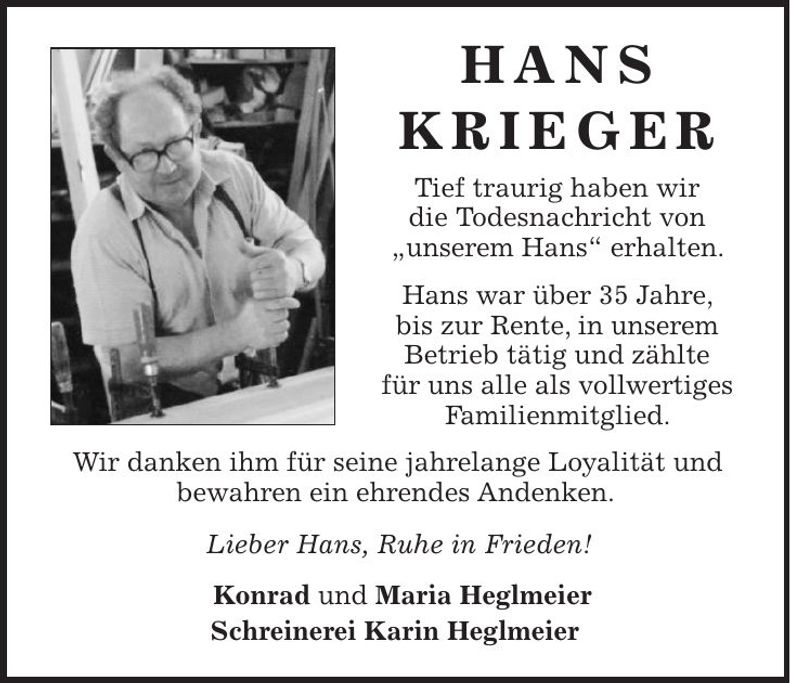 Traueranzeige Hans Krieger
