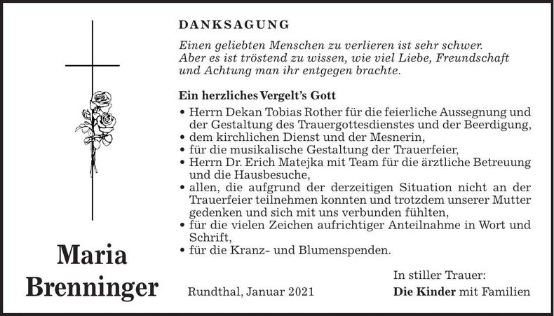 Traueranzeige Maria Brenninger
