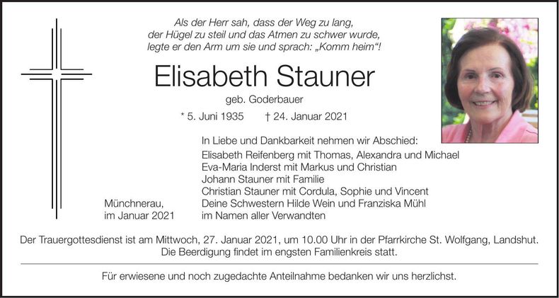 Traueranzeige Elisabeth Stauner