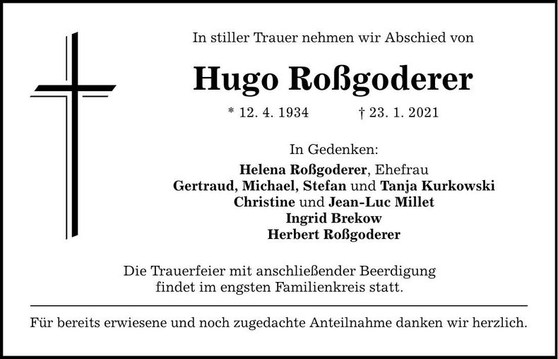 Traueranzeige Hugo Roßgoderer