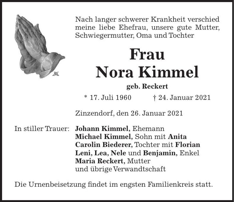 Traueranzeige Nora Kimmel