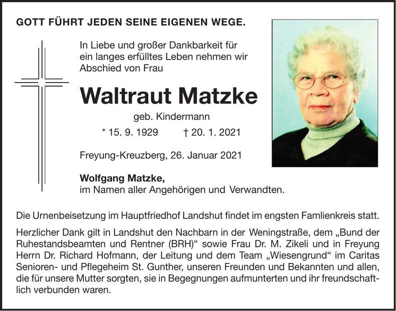 Traueranzeige Waltraut Matzke