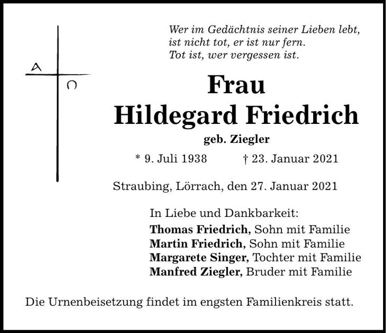 Traueranzeige Hildegard Friedrich