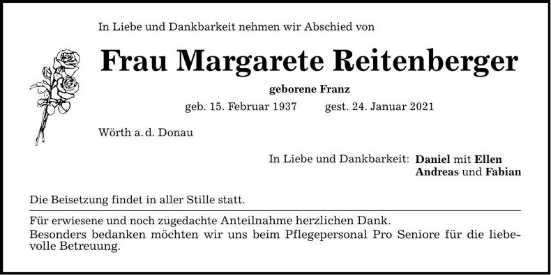 Traueranzeige Margarete Reitenberger