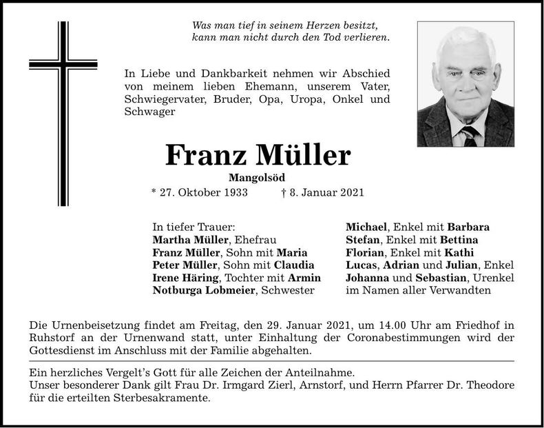 Traueranzeige Franz Müller