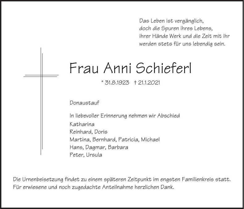 Traueranzeige Anni Schieferl