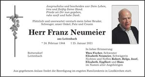 Traueranzeige Franz Neumeier