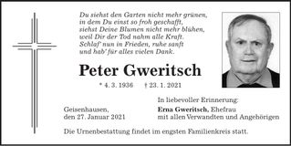 Traueranzeige Peter Gweritsch