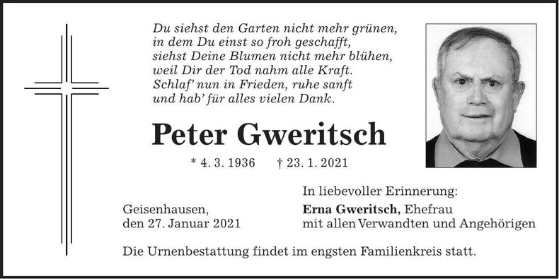 Traueranzeige Peter Gweritsch