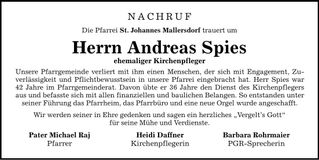 Traueranzeige Andreas Spies