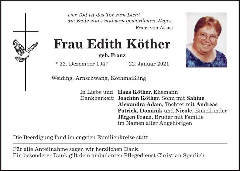 Traueranzeige Edith Köther