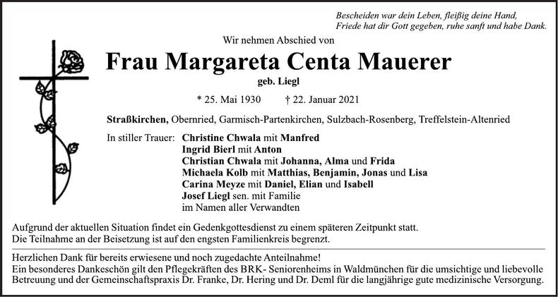 Traueranzeige Margareta Mauerer