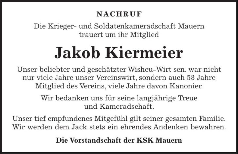 Traueranzeige Jakob Kiermeier