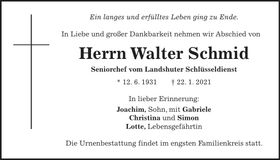 Traueranzeige Walter Schmid