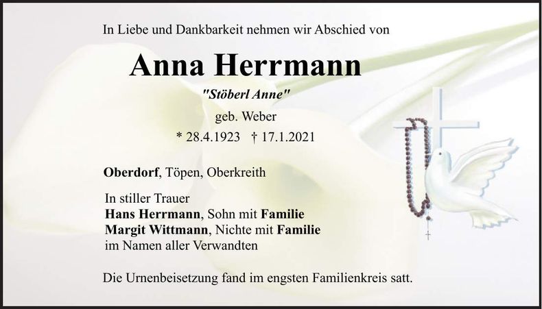 Traueranzeige Anna Herrmann