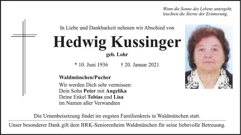 Traueranzeige Hedwig Kussinger