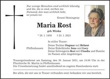 Traueranzeige Maria Rost