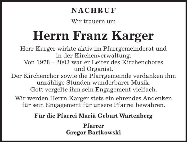 Traueranzeige Franz Karger