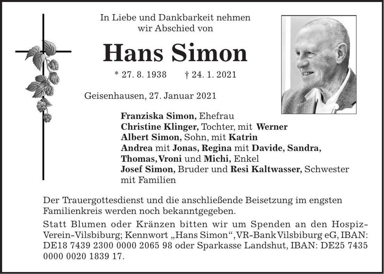 Traueranzeige Hans Simon