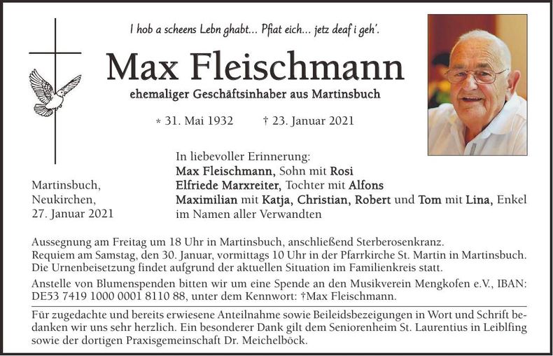 Traueranzeige Max Fleischmann