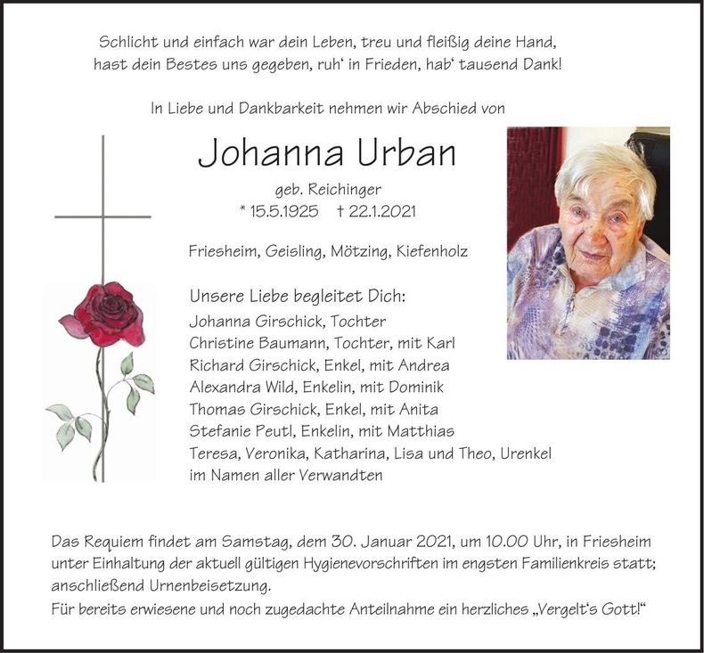 Traueranzeige Johanna Urban