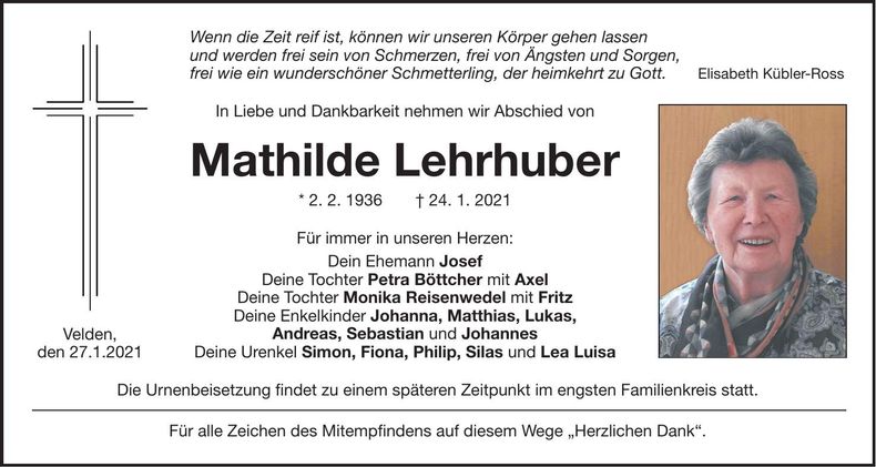 Traueranzeige Mathilde Lehrhuber