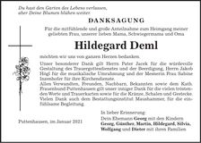 Traueranzeige Hildegard Deml