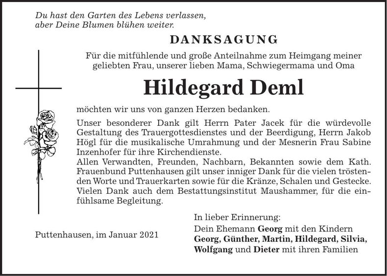 Traueranzeige Hildegard Deml