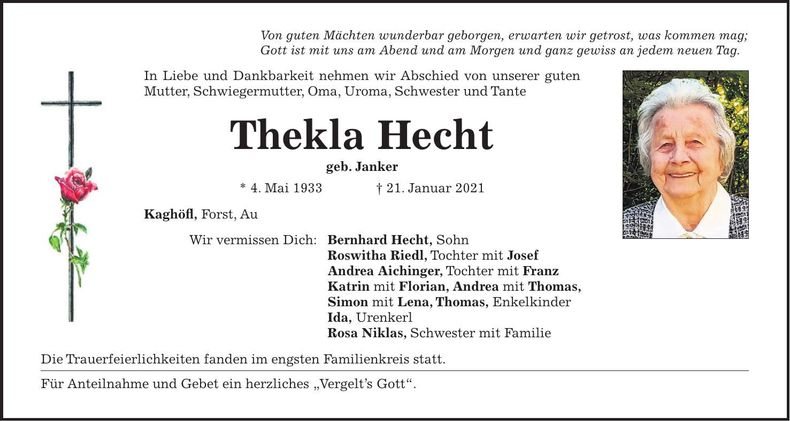 Traueranzeige Thekla Hecht