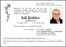 Traueranzeige Adi Köhler