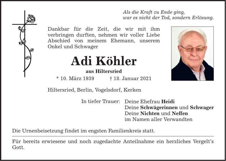 Traueranzeige Adi Köhler