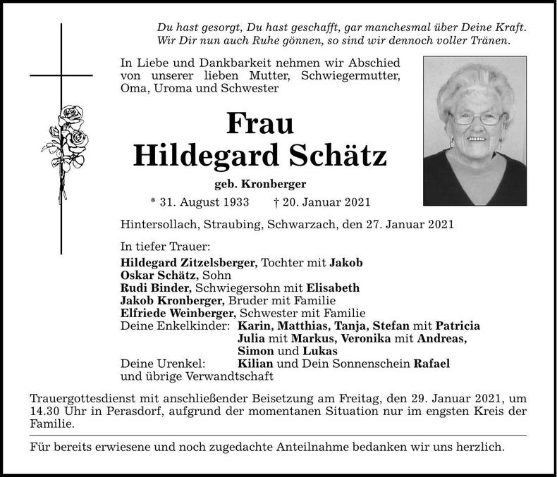 Traueranzeige Hildegard Schätz