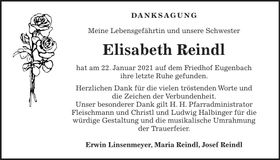 Traueranzeige Elisabeth Reindl