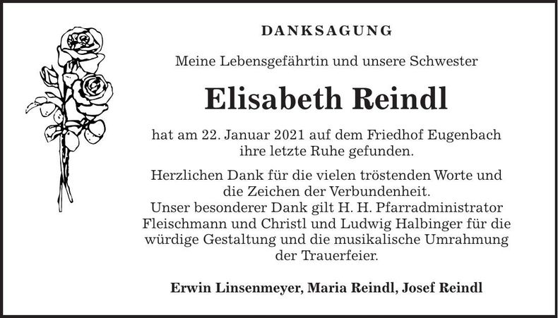 Traueranzeige Elisabeth Reindl