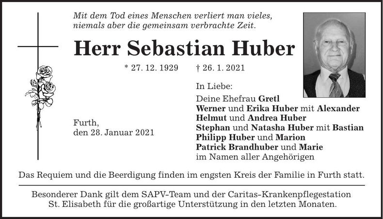 Traueranzeige Sebastian Huber