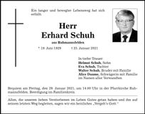 Traueranzeige Erhard Schuh