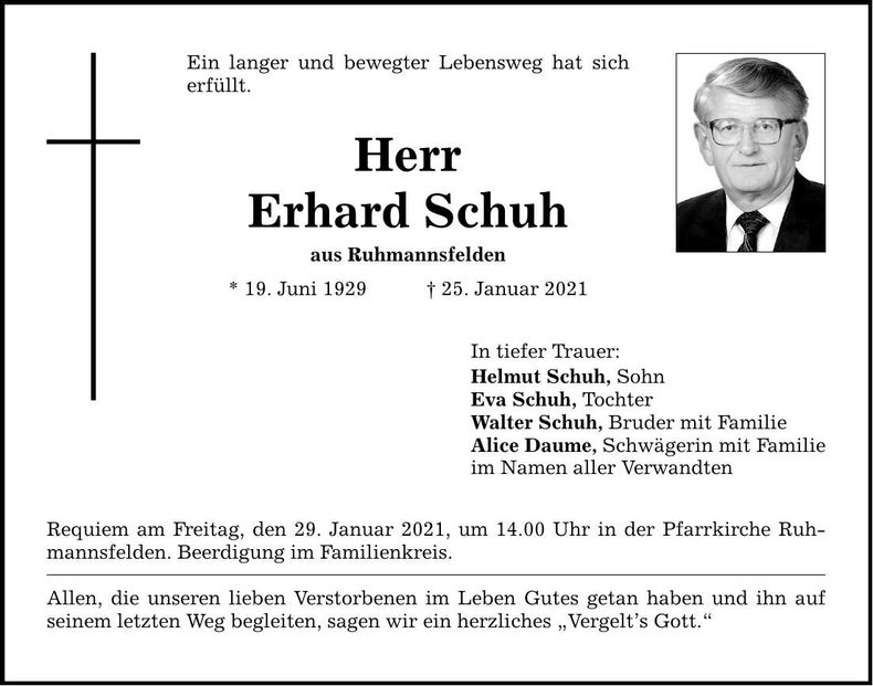 Traueranzeige Erhard Schuh