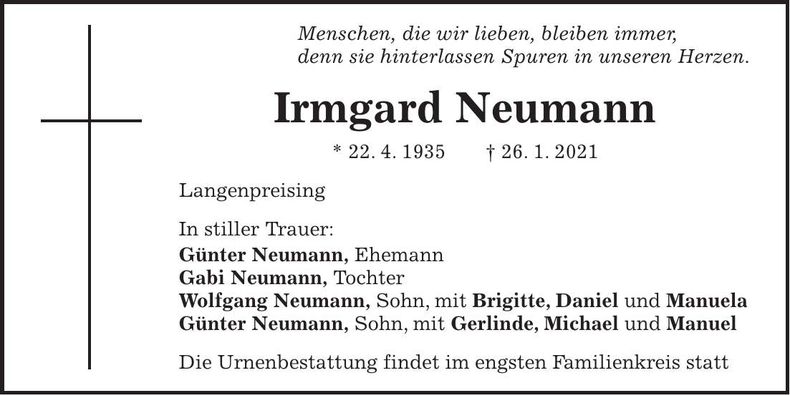 Traueranzeige Irmgard Neumann