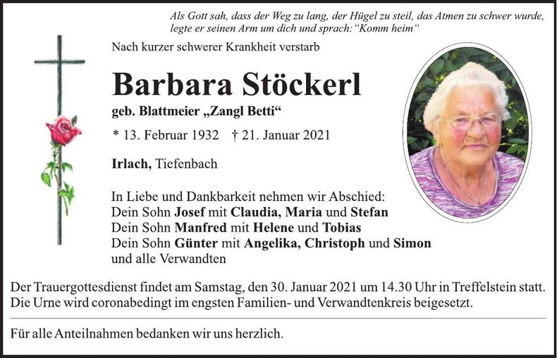 Traueranzeige Barbara Stöckerl