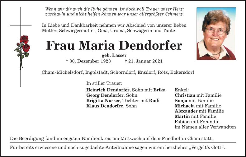 Traueranzeige Maria Dendorfer
