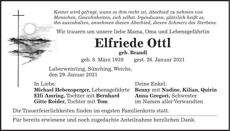 Traueranzeige Elfriede Ottl