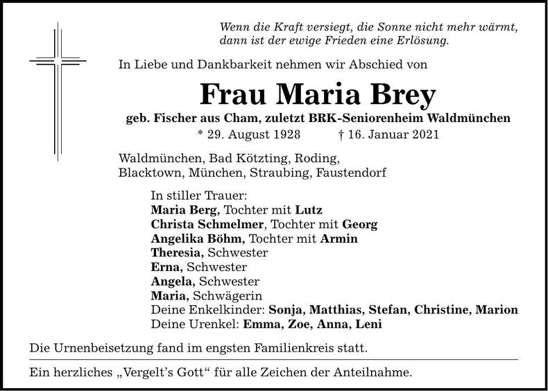 Traueranzeige Maria Brey