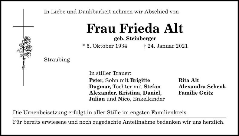 Traueranzeige Frieda Alt