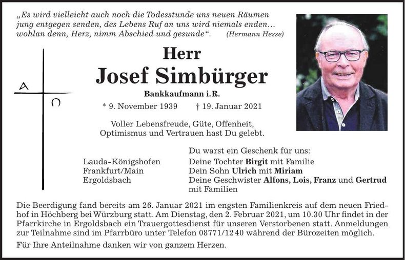 Traueranzeige Josef Simbürger
