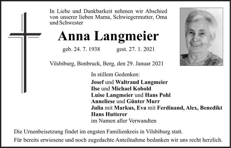 Traueranzeige Anna Langmeier